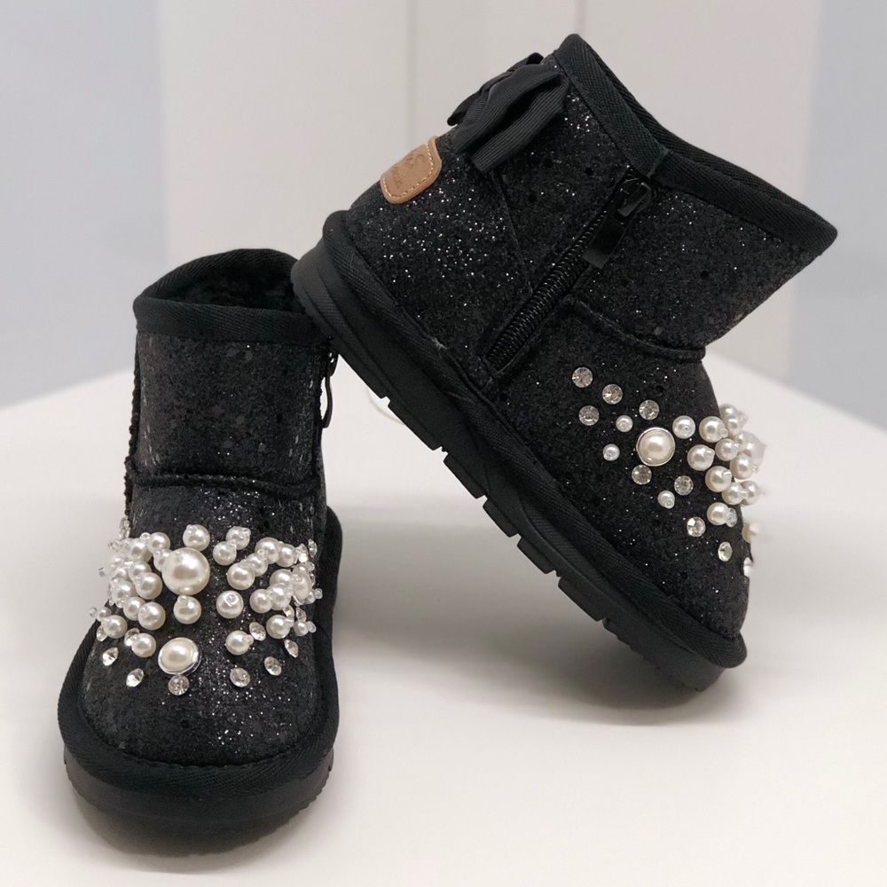 Girl Warm Pearl and Rhinestone Embellished Booties